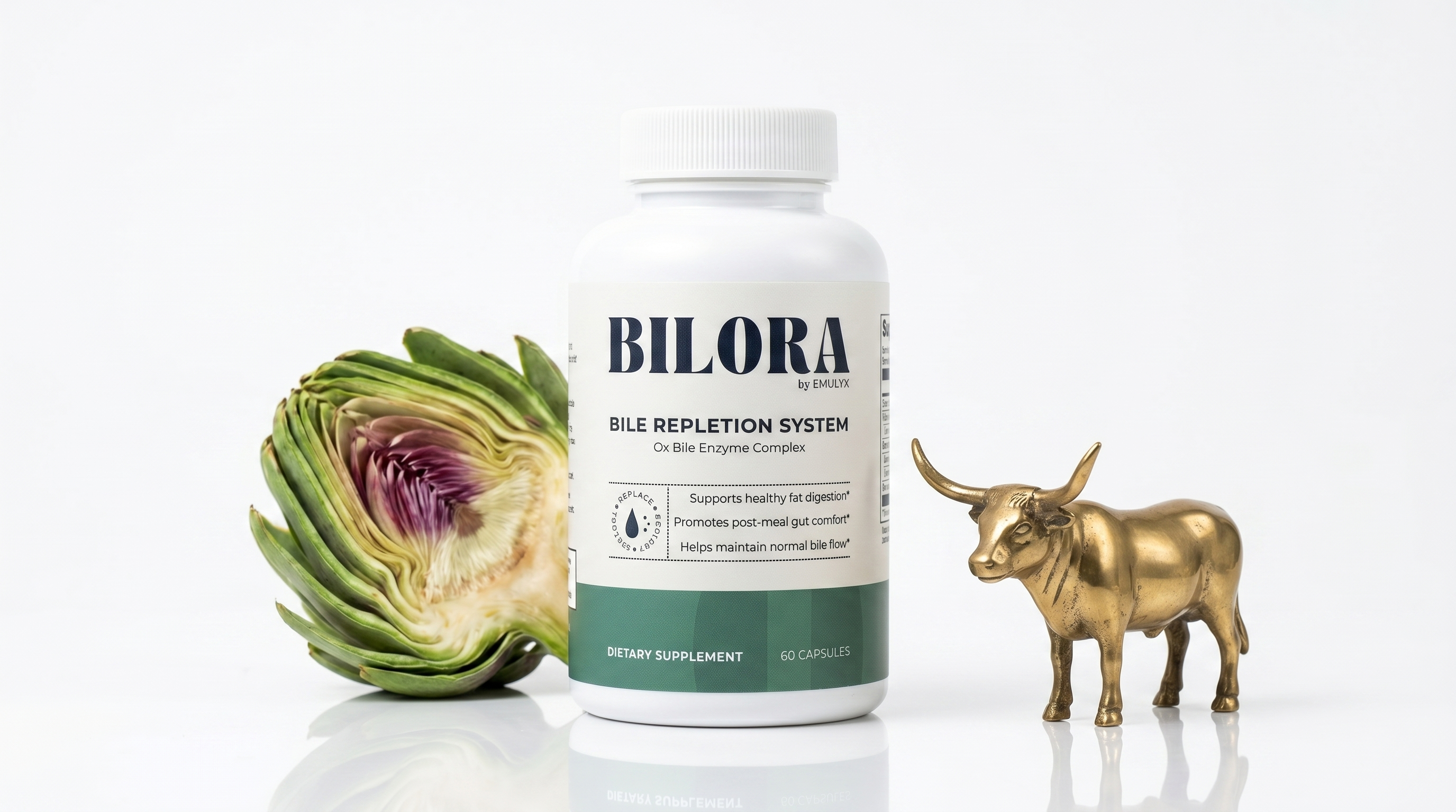 The BILORA bottle revealed, lit on a clean surface, with artichoke and an ox figure beside it.