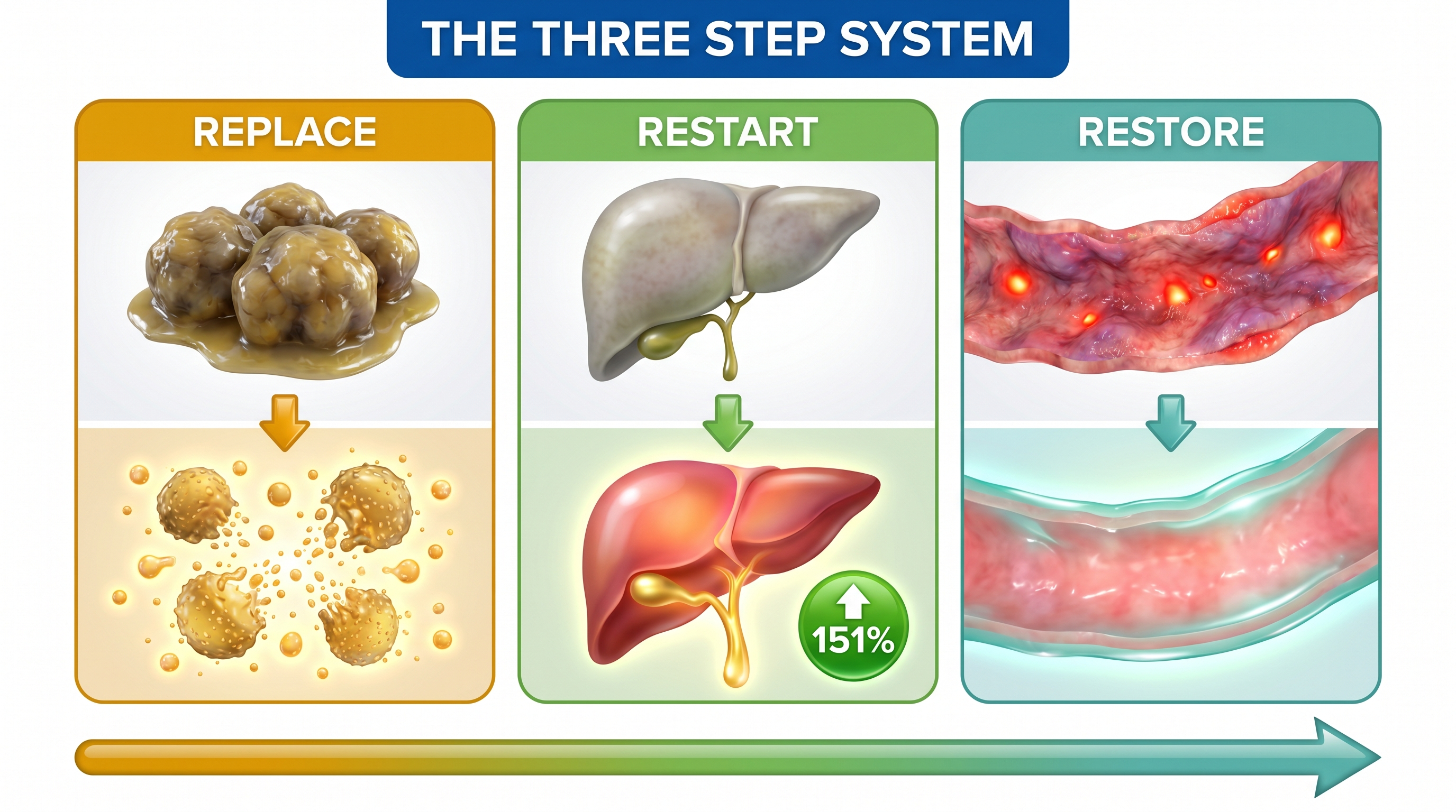 The Three Step System diagram: Replace the bile, Restart your own production, Restore the gut lining.