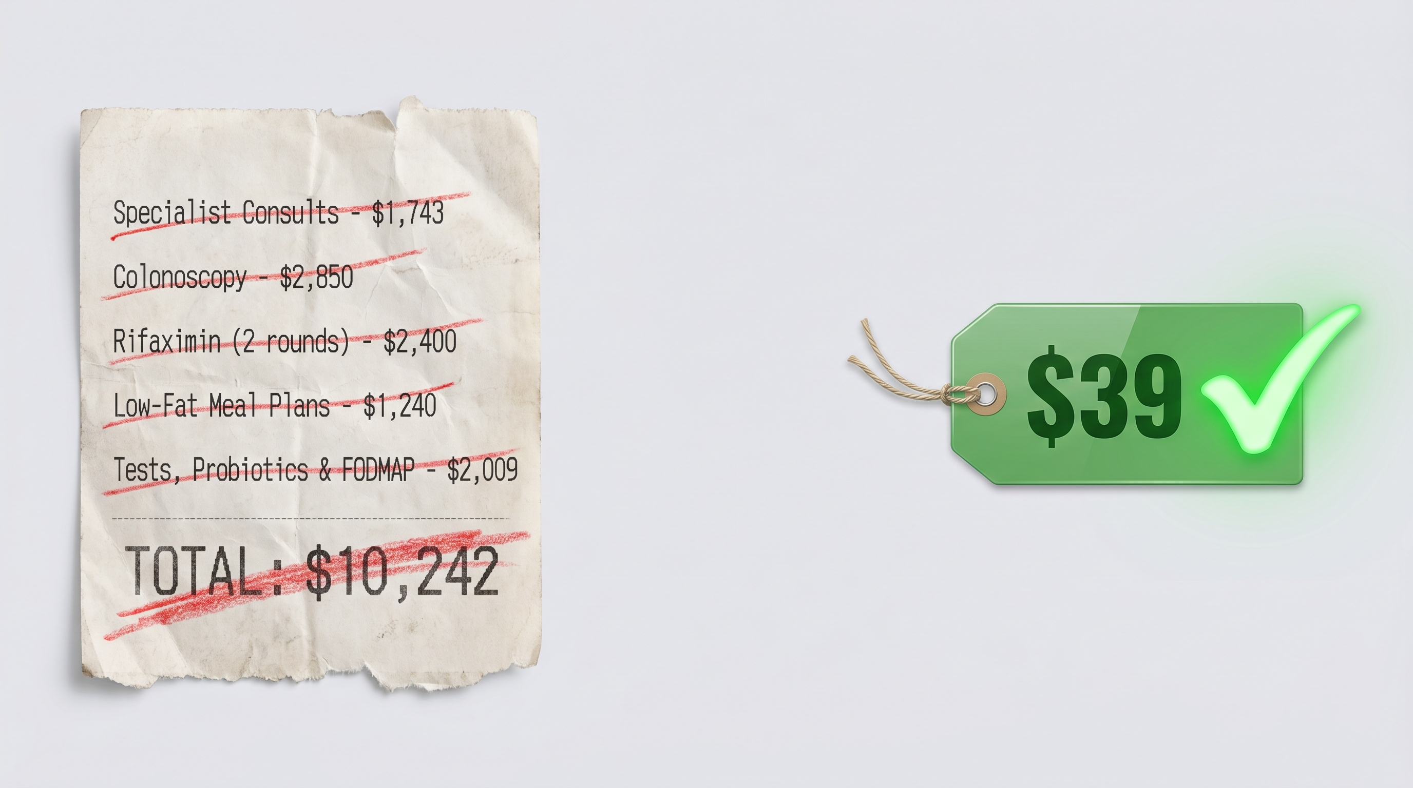 An itemized receipt of years of failed treatments totaling $10,242, beside a single BILORA line at $39.
