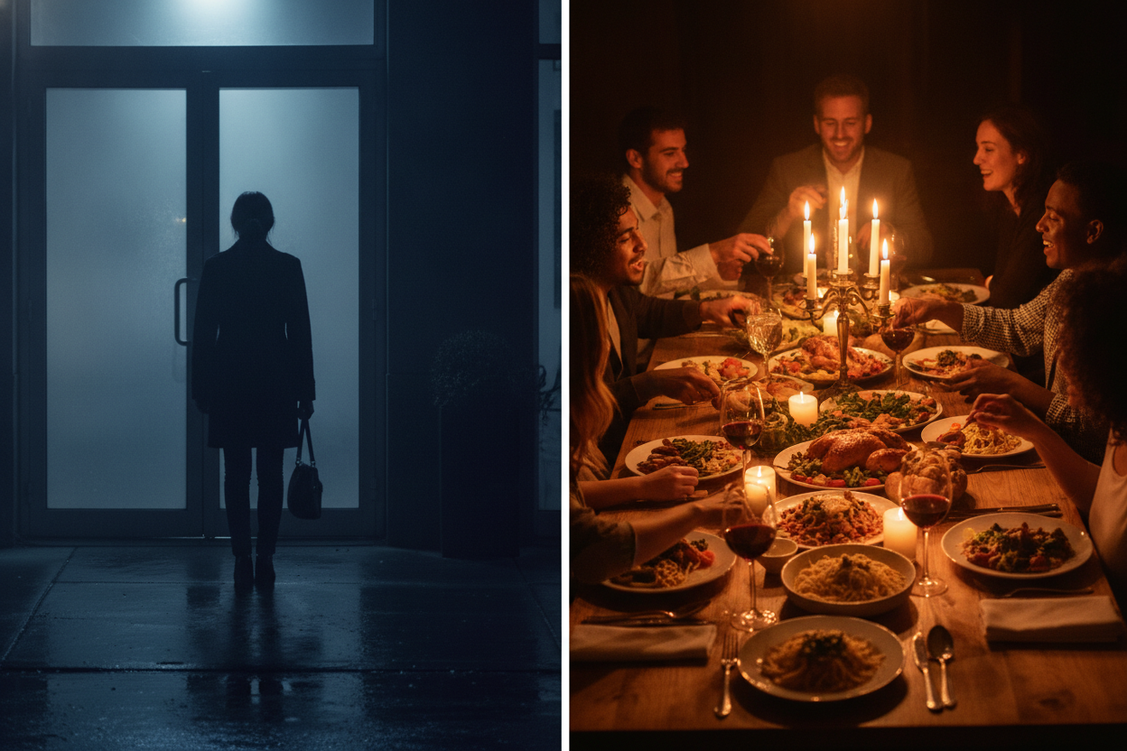 A split image: a woman tense by a restaurant door on one side, a relaxed candlelit dinner with full plates on the other.
