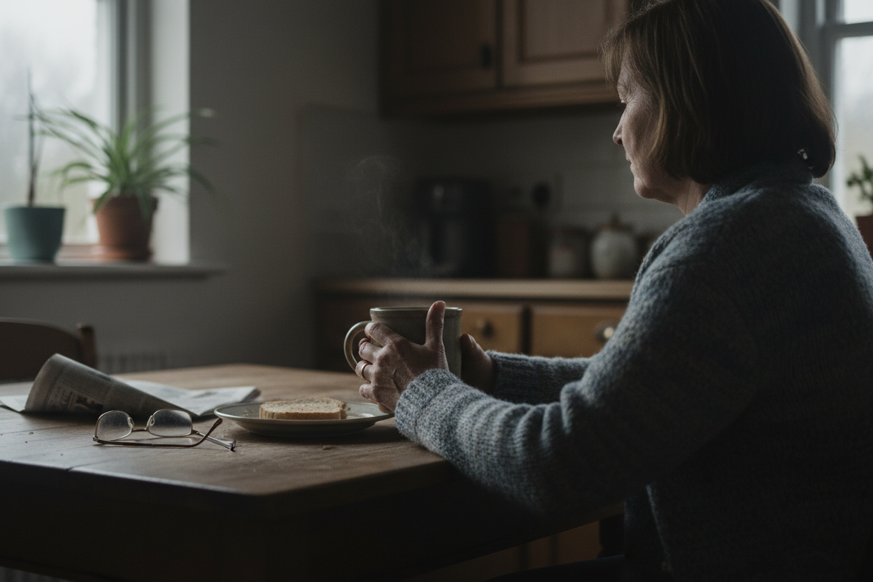 A woman sitting alone at a kitchen table in the early morning light, holding a mug.