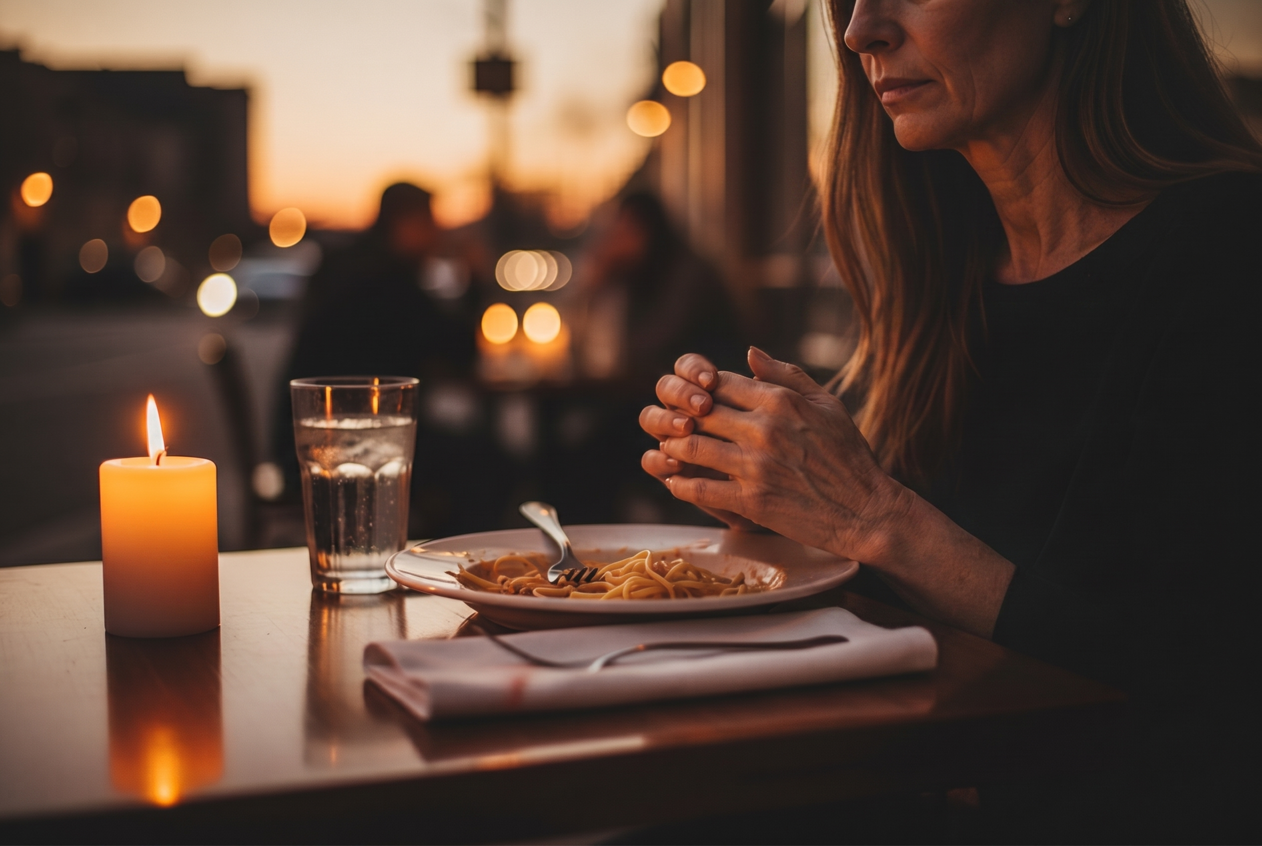 A restaurant table at dusk with a plate pushed half away, a woman's gaze toward the exit.