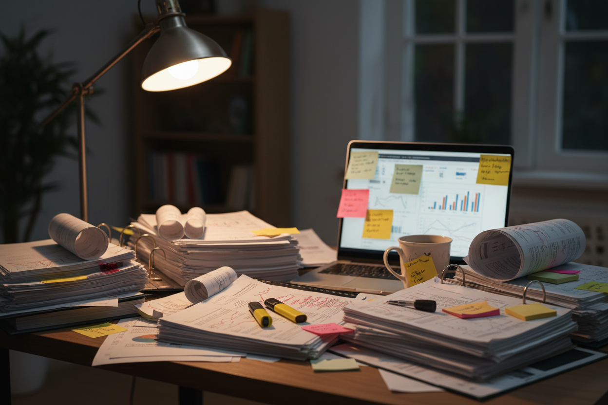 A woman at a kitchen table surrounded by printed research pages and an open laptop, reading in low lamp light.