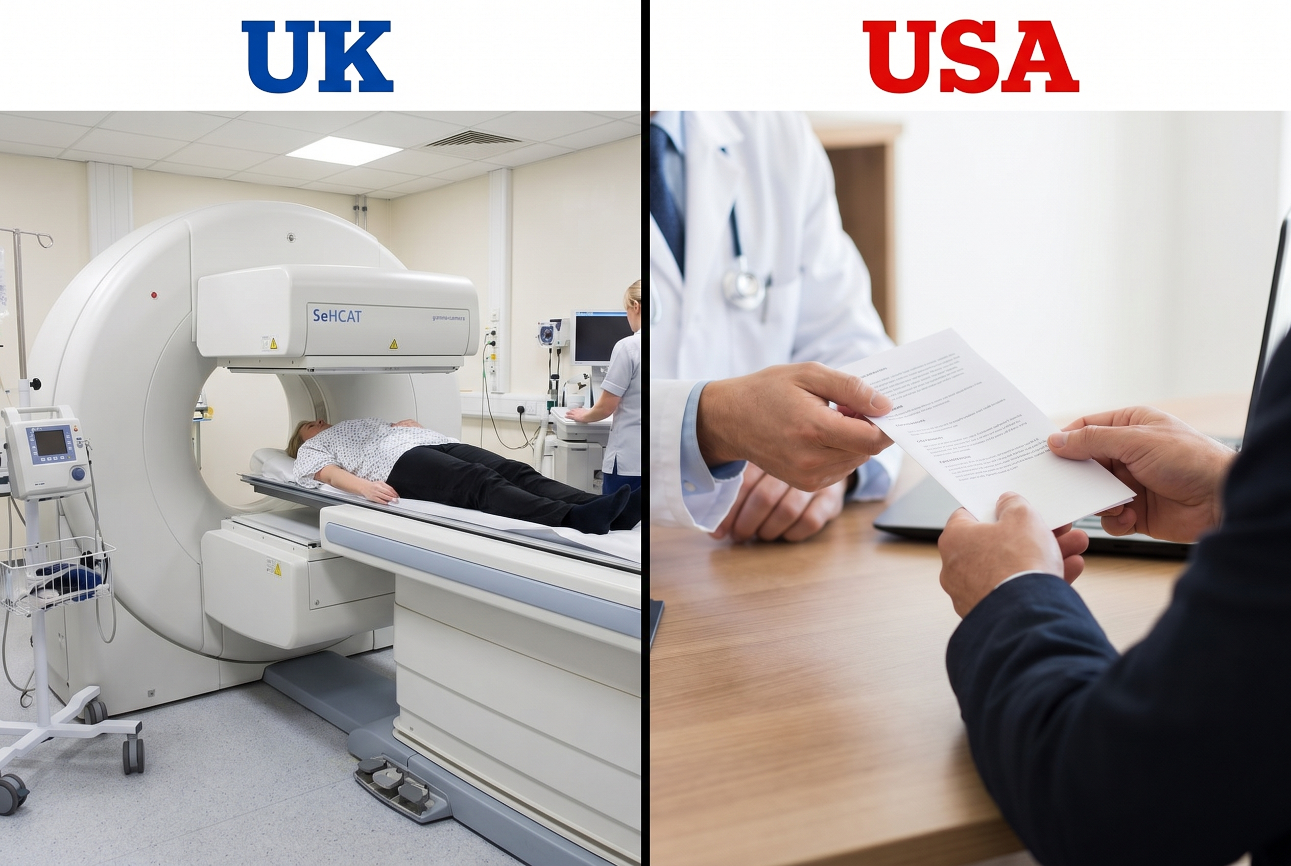 A split editorial illustration. Left: London, the SeHCAT nuclear scan, routine for decades. Right: USA, an IBS diagnosis and a fiber pamphlet.