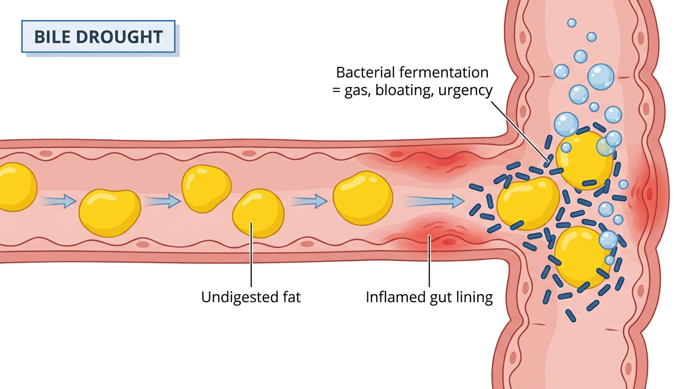 Cutaway of the small intestine: large undigested fat globules fermenting into gas as bacteria swarm them, the gut lining reddened and inflamed, titled Bile Drought.